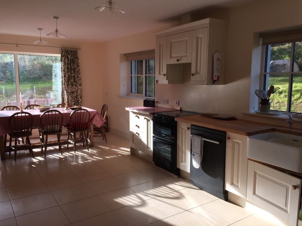 The kitchen is well equipped with electric hob, oven and grill, electric kettle, fridge, freezer, microwave oven, toaster, dishwasher, food processor, fish kettle, pots and pans, cookery books and more. It is stocked with some basic food stuffs and cleaning equipment.